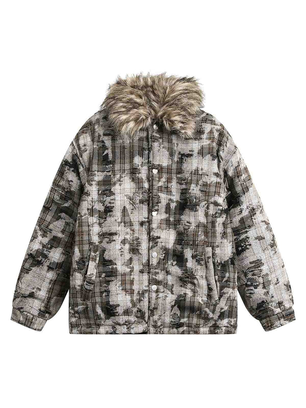 Camouflage Detachable Fur Collar Quiled Jacket