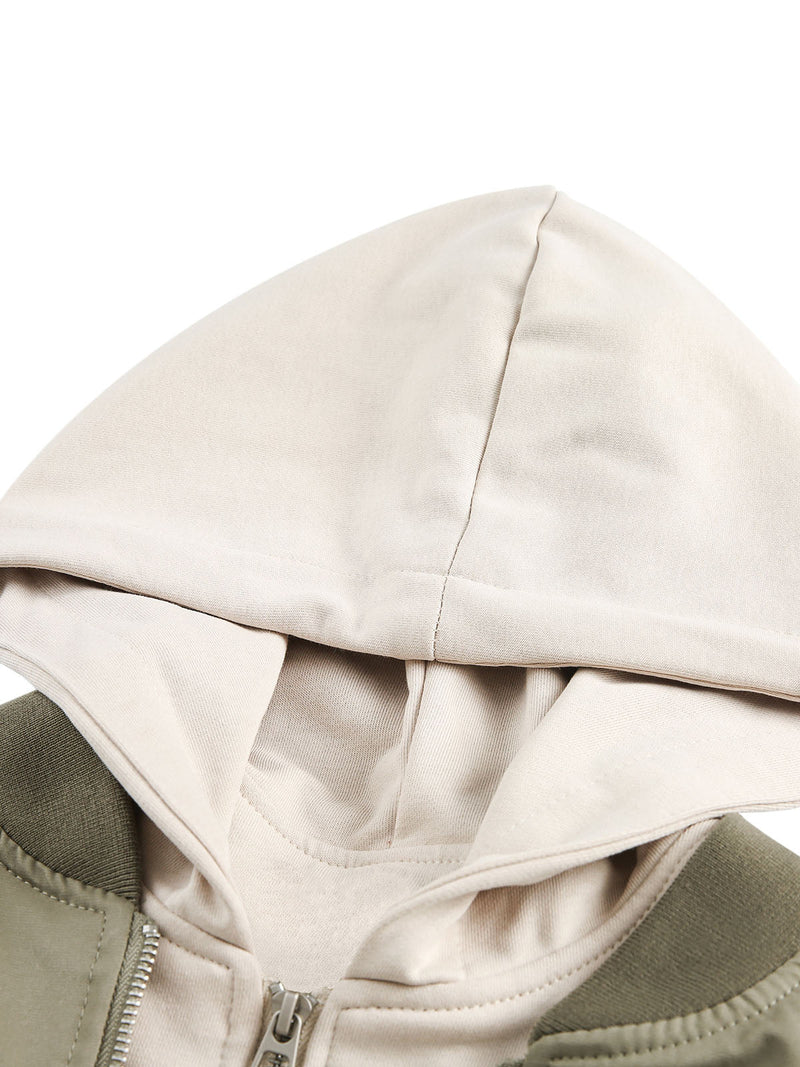 Faux Two-Piece Pleated Spliced Hooded Bomber Jacket