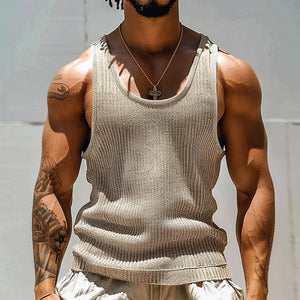 Men's Solid Color Round Neck Striped Textured Tank Top