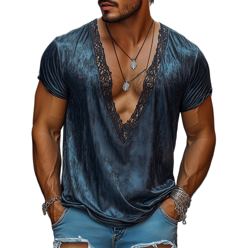 Herrenmode Retro Sexy Spitzennähte Satin Bedrucktes T-Shirt mit tiefem V-Ausschnitt