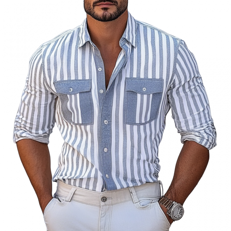 Men's Casual Stripe Print Lapel Chest Pocket Slim Fit Long Sleeve Shirt