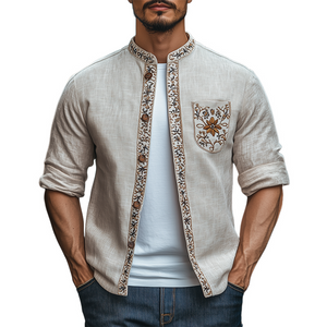 Men's Spring Fashion Retro Stand Collar Embroidered Long Sleeve Shirt