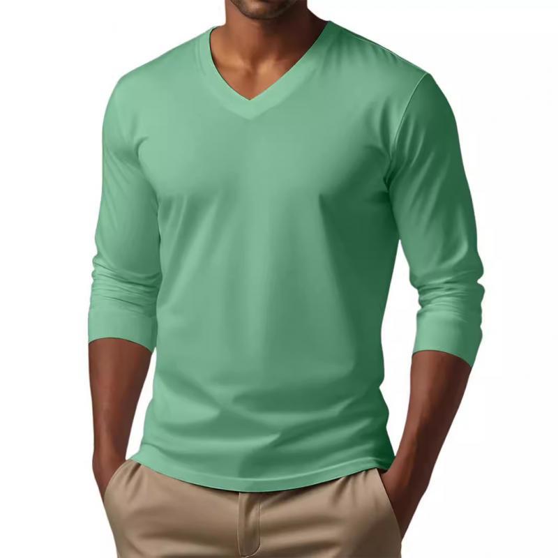 Camiseta informal de manga larga ajustada de algodón mezclado con cuello en V para hombre