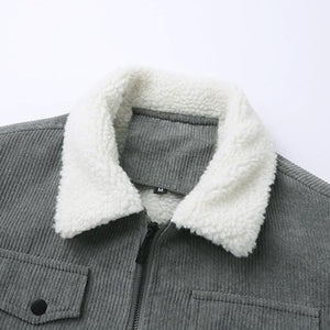 Men's Casual Lapel Corduroy Thickened Lambswool Multi-Pocket Zipper Jacket
