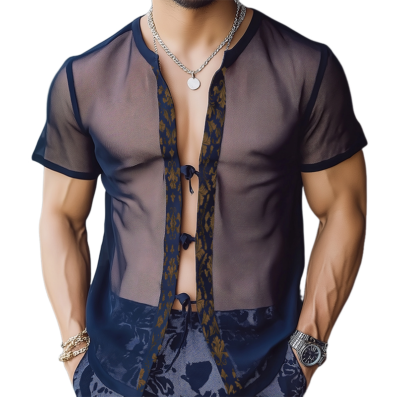 Men's Retro Casual Baroque Print Mesh Tie Short Sleeve Shirt
