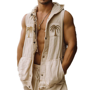 Chaleco con capucha y borde sin rematar con bordado de hojas de palma para hombre