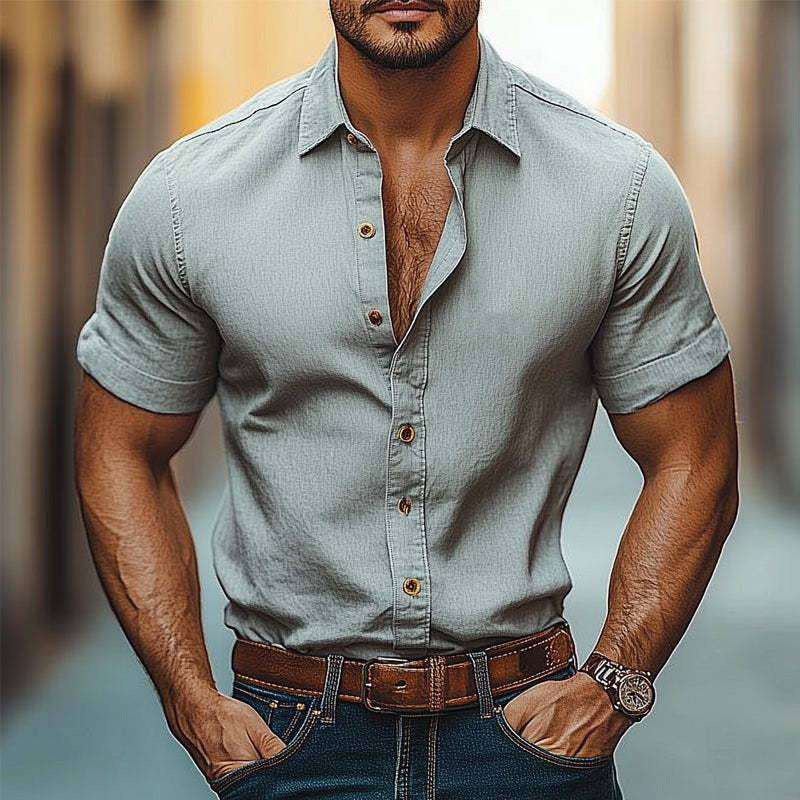 Men's Casual Cotton And Linen Lapel Short Sleeve Shirt