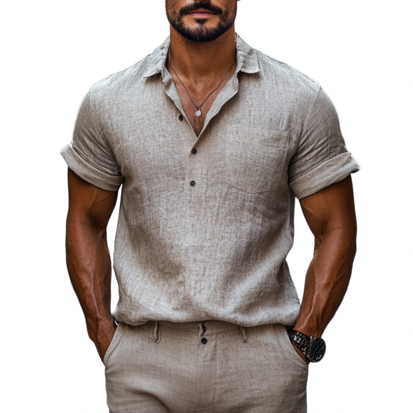 Men's Casual Linen Lapel Patch Pocket Pullover Short Sleeve Shirt