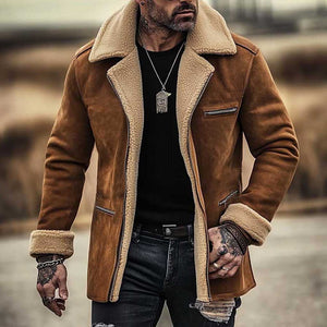 Chaqueta de abrigo vintage de ante y piel de oveja con cremallera, bolsillo, forro polar, lana, cuello invertido, longitud media para hombre