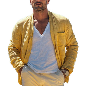 Camisa informal de manga larga de algodón y lino en amarillo brillante para hombre