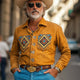 Camisa informal de manga larga de ante con bordado vintage para hombre