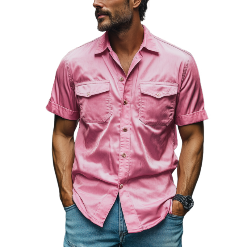 Men's Fashion Spring Summer Casual Satin Short Sleeve Shirt
