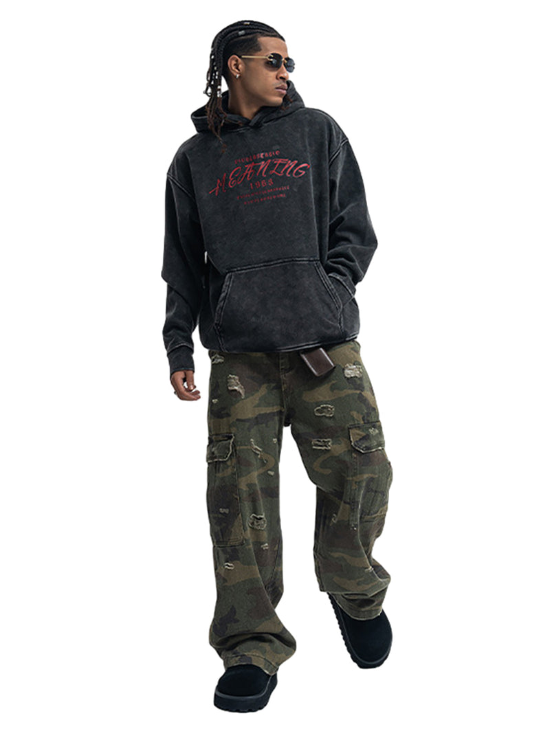 Distressed Washed Letter Print Fleece Hoodie