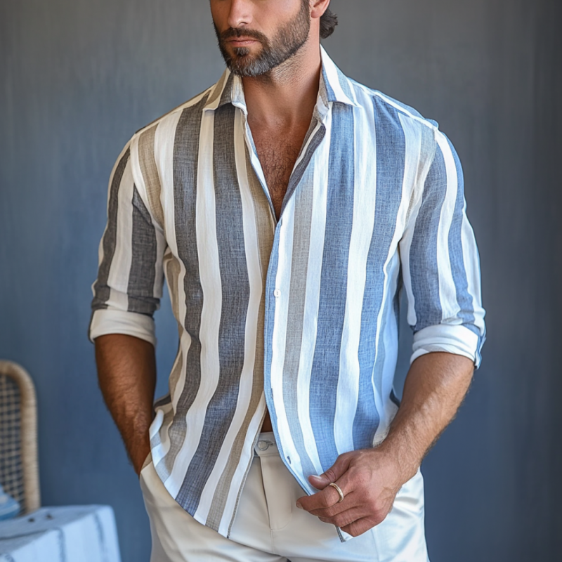 Men's Casual Stripe Print Lapel Slim Fit Long Sleeve Shirt