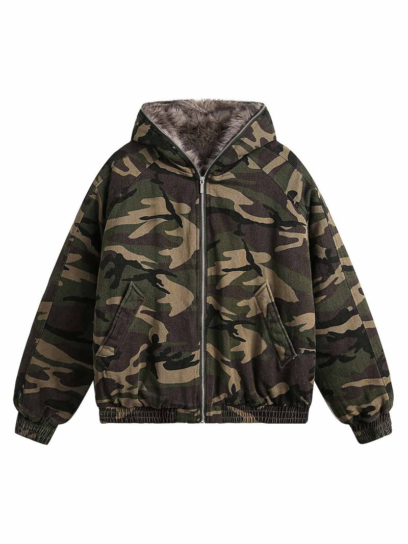 Camouflage Fur Collar Hooded Quilted Jacket