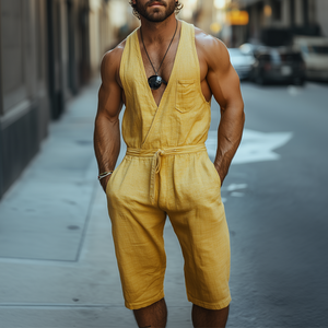 Men's Spring And Summer Fashion Casual Deep V-Neck Cotton And Linen Tank Top Length To Knee Shorts Jumpsuit