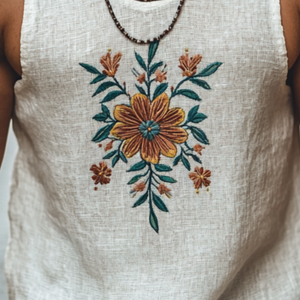 Camiseta sin mangas informal de lino con cuello en U y bordado floral para hombre