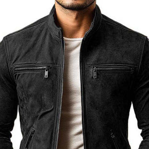 Chaqueta clásica informal de ante con cuello alto, cremallera y múltiples bolsillos para hombre