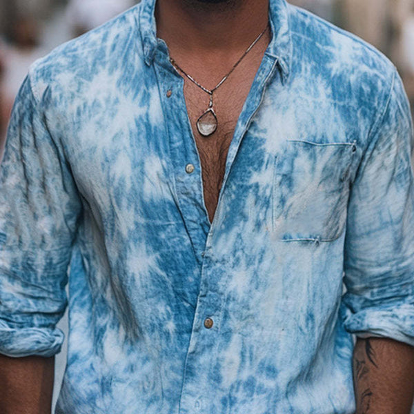 Men's Skin-friendly Light Blue Tie-Dye Cotton Casual Shirt