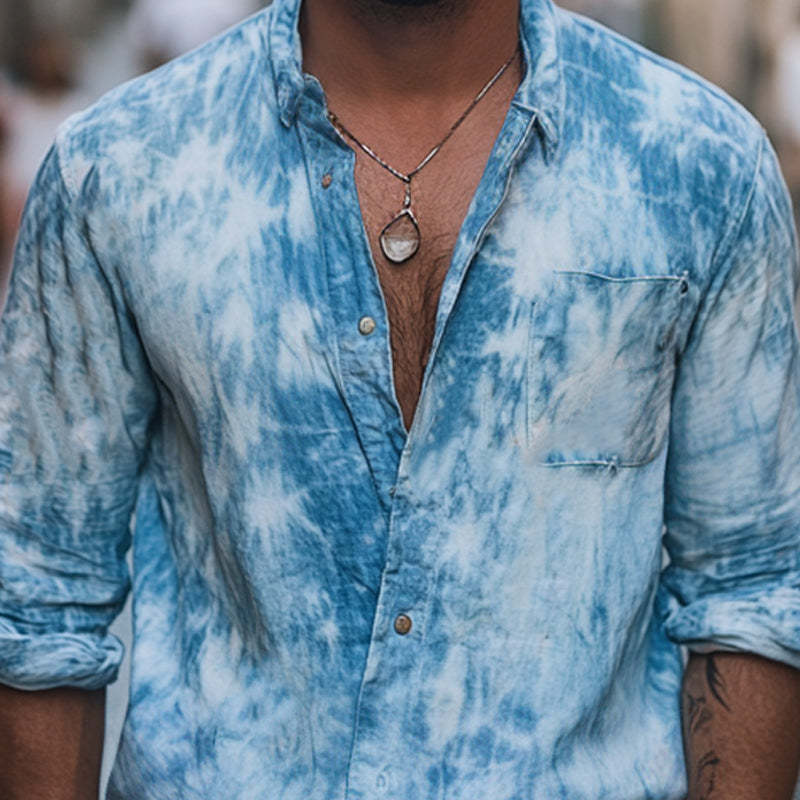 Men's Skin-friendly Light Blue Tie-Dye Cotton Casual Shirt