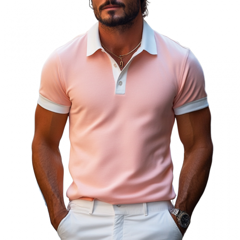 Men's Casual Comfort Cotton Colorblock Lapel Slim Fit Short Sleeve Polo Shirt MTA0261D6M