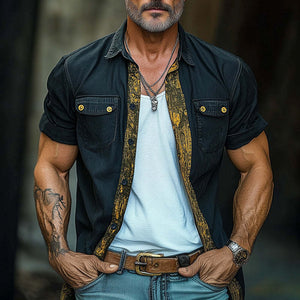 Men's Retro Western Print Denim Short Sleeve Shirt