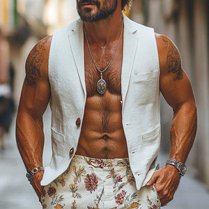 Weiße Herrenmode-Leinenweste mit Anzugkragen