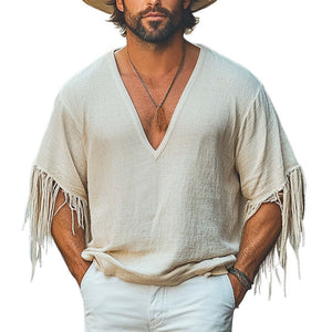 Camiseta informal holgada de algodón y lino con cuello en V profundo y borlas para hombre