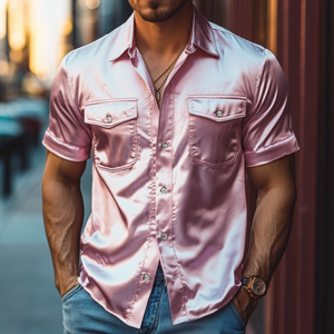Men's Spring Fashion Casual Satin Shiny Fabric Short Sleeve Shirt