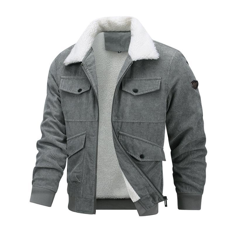 Men's Casual Lapel Corduroy Thickened Lambswool Multi-Pocket Zipper Jacket