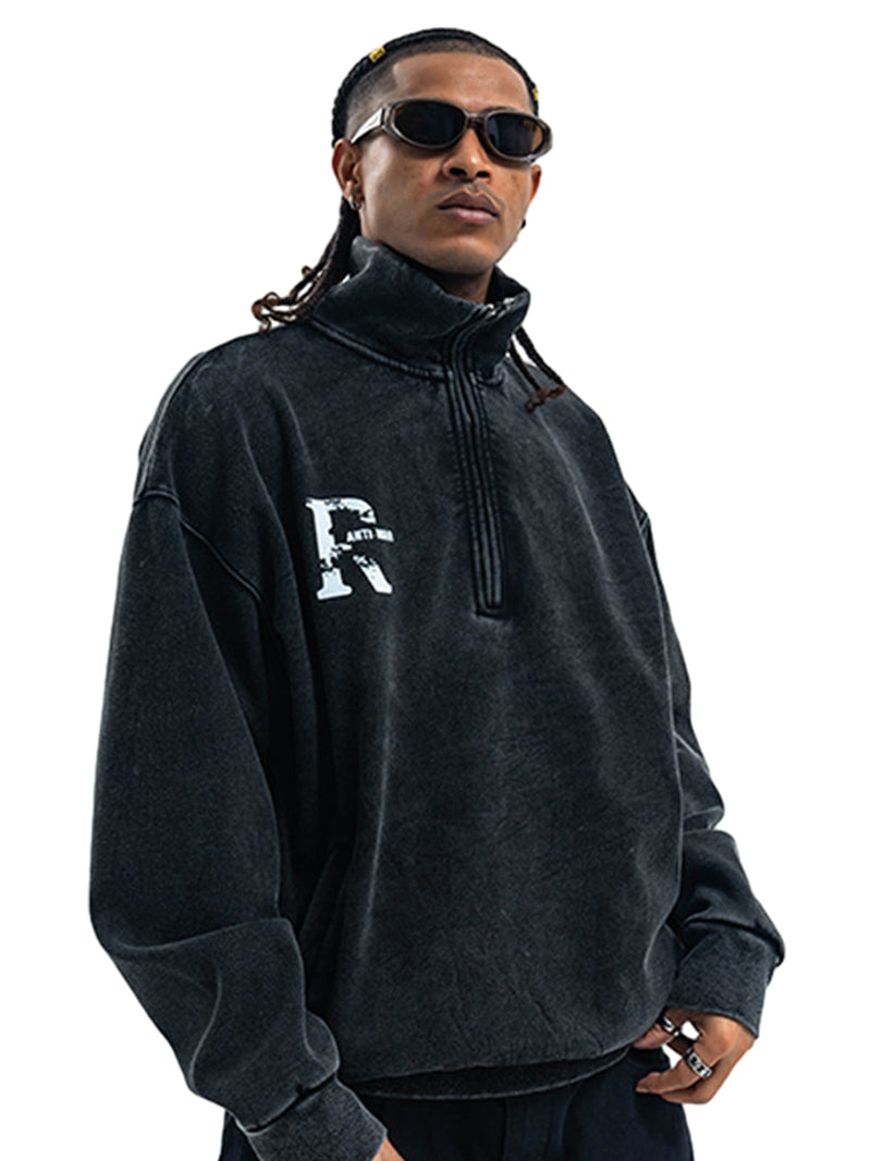 Washed Letter Half Zipper Fleece Hoodie