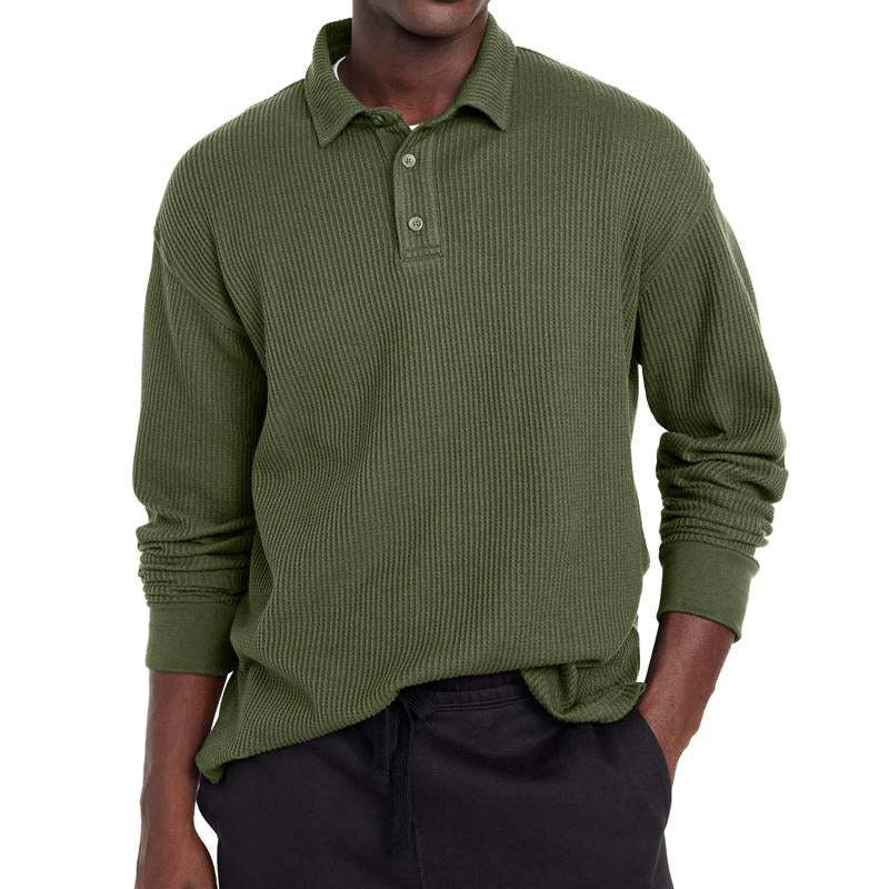 Men's Casual Solid Color Button Lapel Long Sleeve Polo Shirt