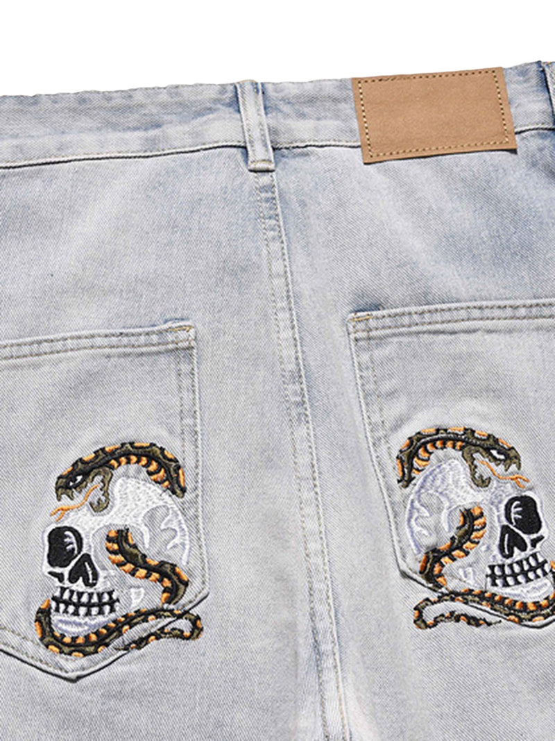 Skull Flame Monogram Embroidered Slim Fit Jeans