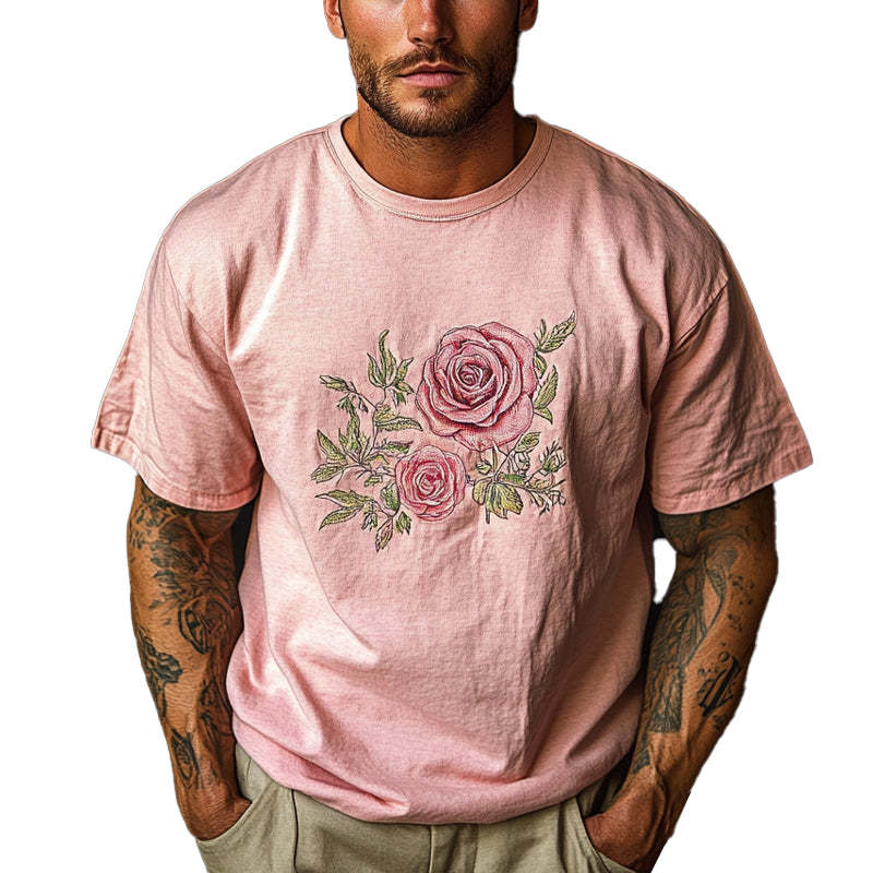 Lässiges Herren-T-Shirt mit Rundhalsausschnitt und Rosendruck, kurzärmelig