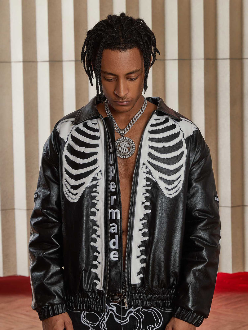 Hip Hop Bones Embroidered Leather Jacket