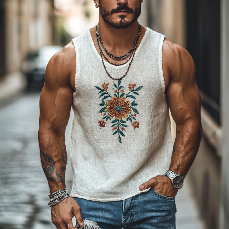 Lässiges Herren-Tanktop aus Leinen mit U-Ausschnitt und Blumenstickerei in schmaler Passform