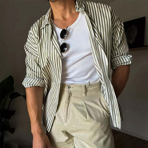 Men's Classic Casual Green Vertical Striped Long Sleeve Shirt