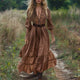 Women's Maxi Dress Vintage V-neck Linen Long-sleeved Dress Pastoral Style Linen Dress