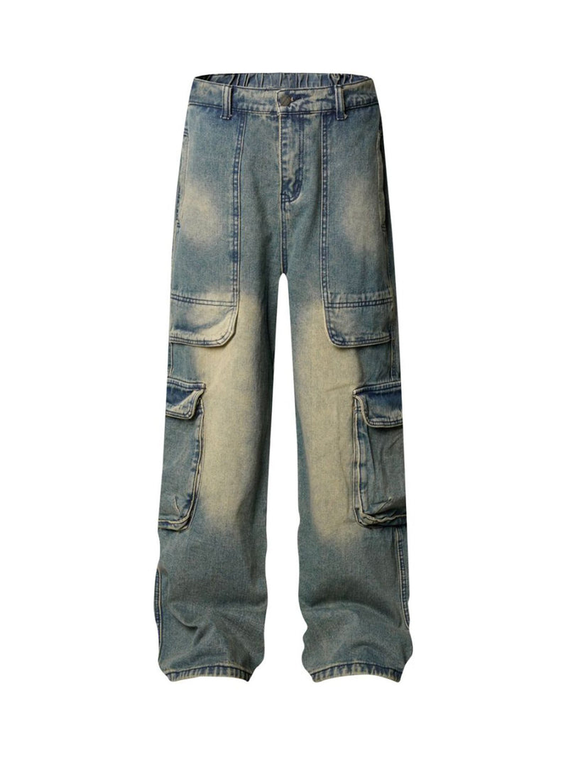 Washed Distressed Multi-Pocket Cargo Jeans