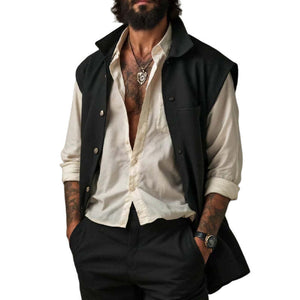 Men's Pure Black Lapel Mid-Length Cotton Vest