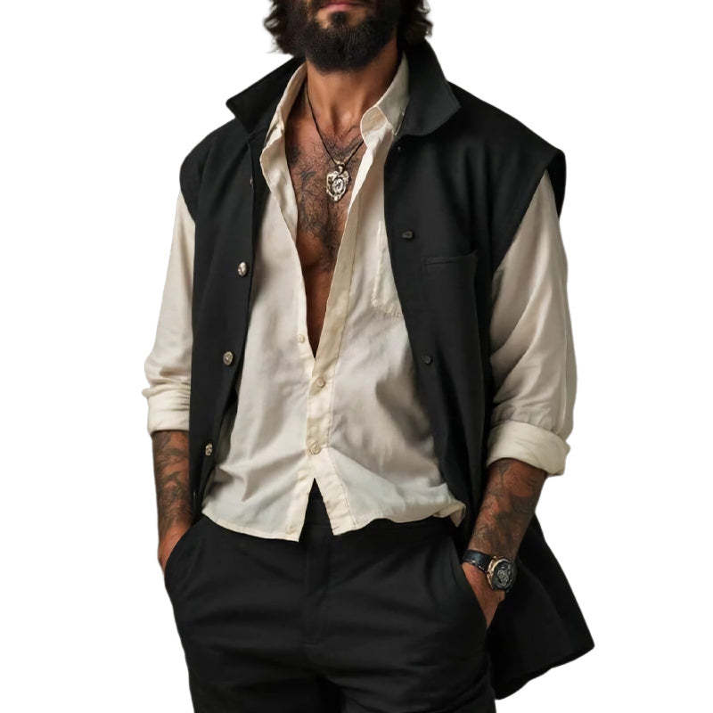 Men's Pure Black Lapel Mid-Length Cotton Vest MTA1776C6U