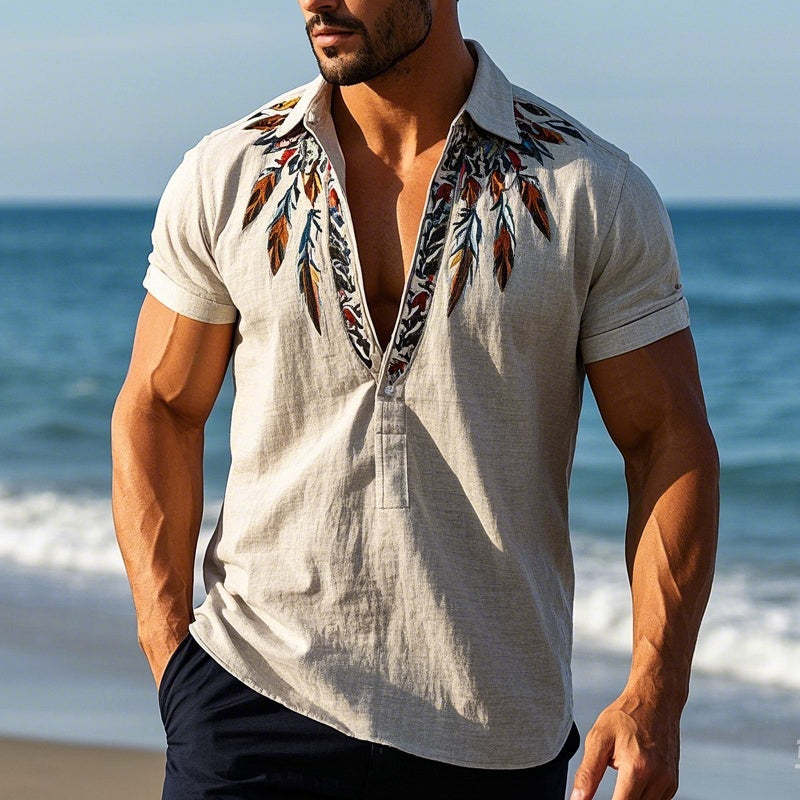 Herren-Pullover mit Vintage-Federstickerei und kurzen Ärmeln