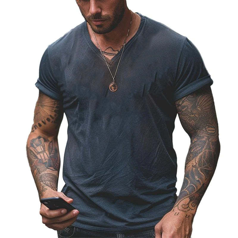 Herren-Vintage-T-Shirt mit V-Ausschnitt und kurzen Ärmeln im Used-Look