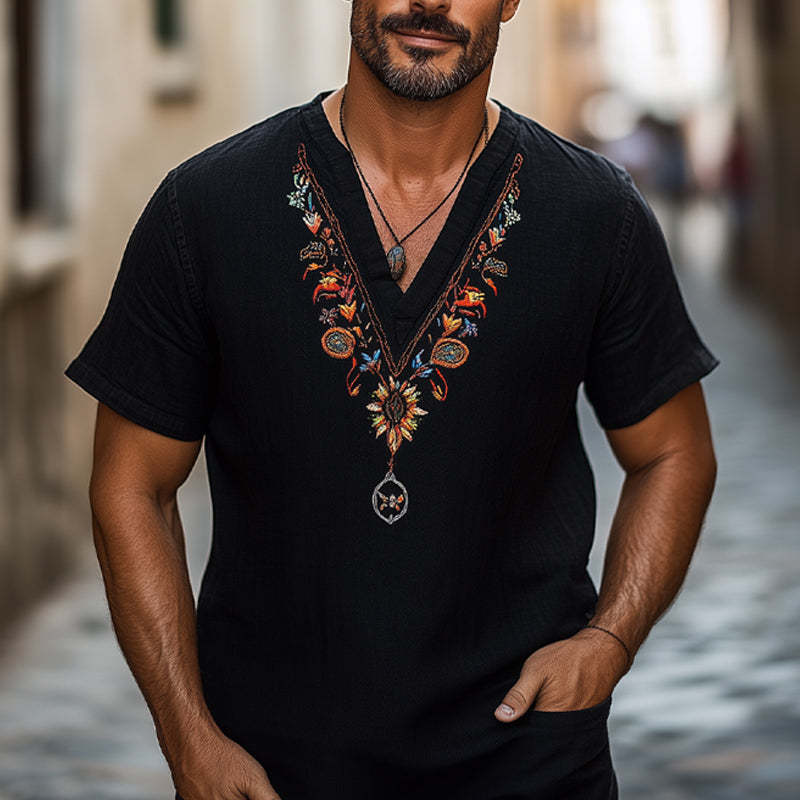 Men's Casual V-neck Cotton And Linen Embroidered T-shirt