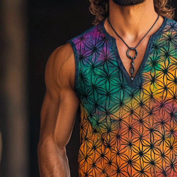 Herren-Tanktop mit V-Ausschnitt und Blumen-des-Lebens-Print im Vintage-Stil