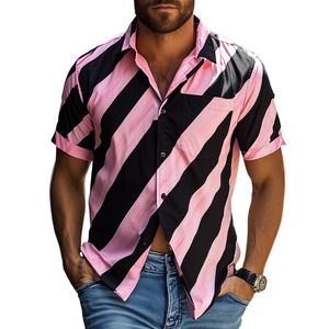 Camisa informal americana de gasa con estampado a rayas y manga corta para hombre