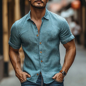 Camisa informal de manga corta con solapa de algodón y lino para hombre