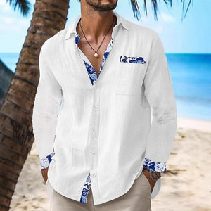 Camisa de manga larga con solapa decorativa y estampado para hombre