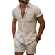 Men's Casual Linen Lapel Short Sleeve Shirt Elastic Waist Shorts Set
