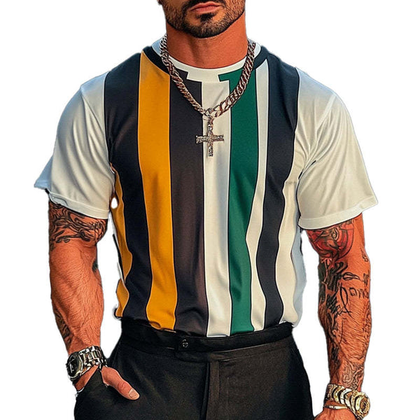 Camiseta de manga corta con cuello redondo y estampado de rayas para hombre